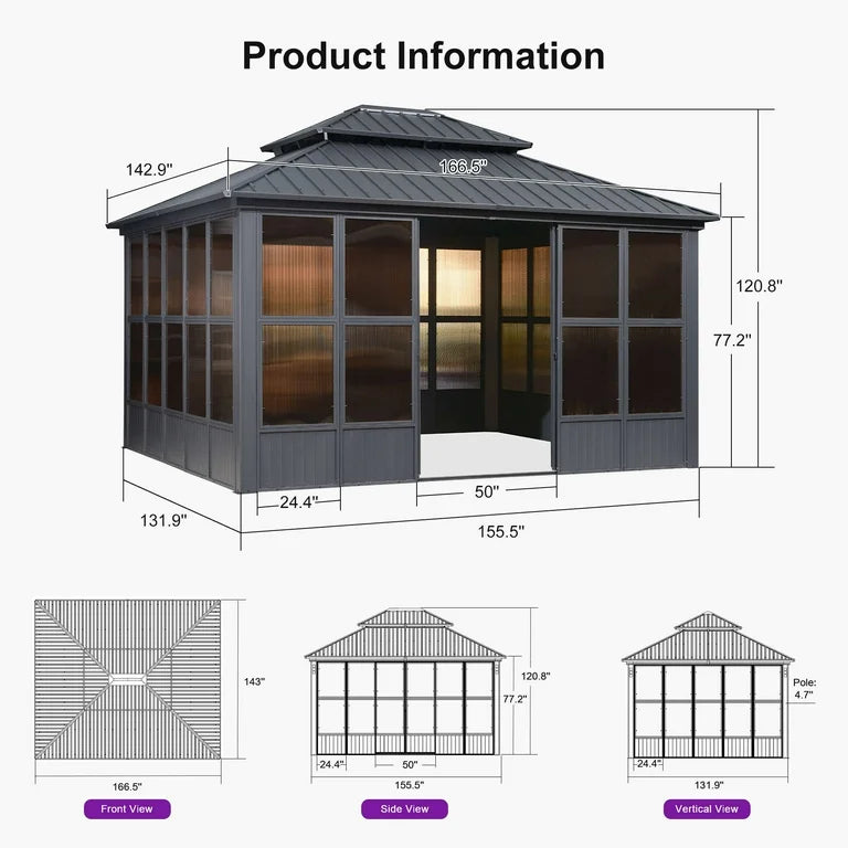 12' x 14' Hardtop Aluminum Gazebo with Galvanized Steel Roof & Sliding Doors