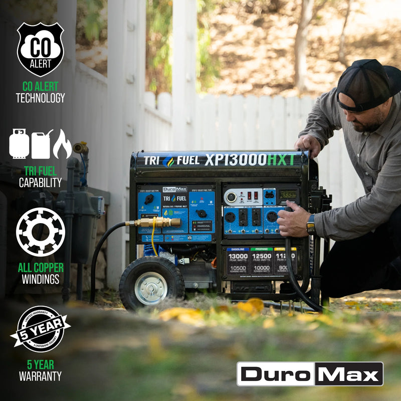 DuroMax XP13000HXT 13,000 Watt Electric Start Tri-Fuel Natural Gas/Propane/Gas Powered Portable Generator w/ CO Alert