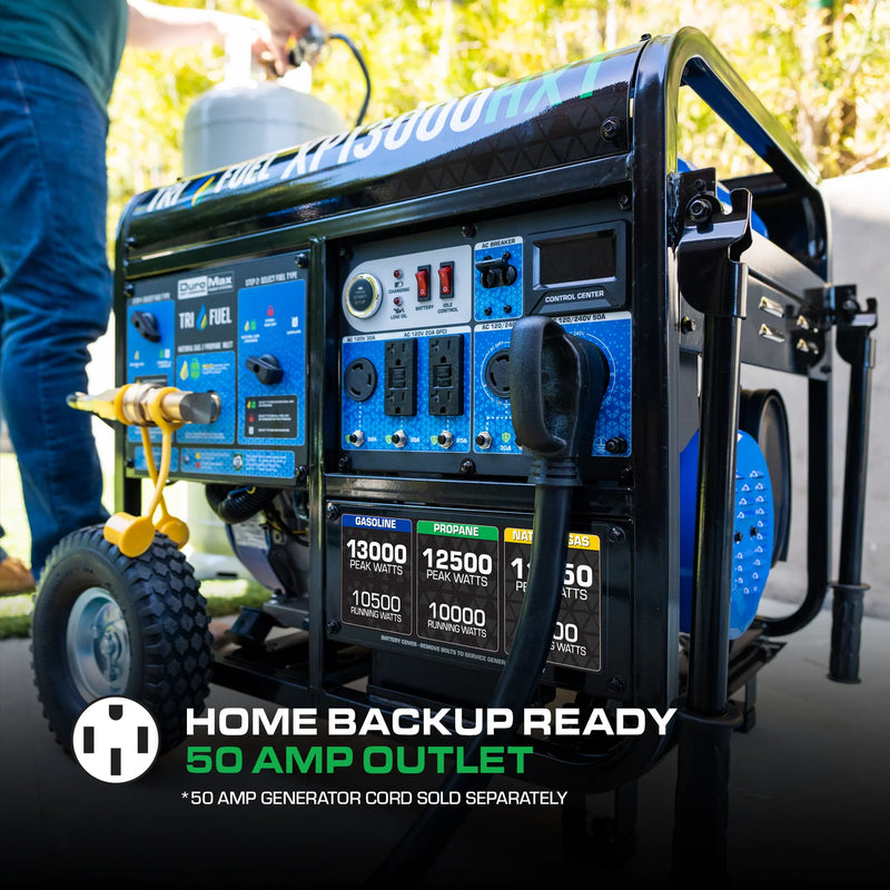 DuroMax XP13000HXT 13,000 Watt Electric Start Tri-Fuel Natural Gas/Propane/Gas Powered Portable Generator w/ CO Alert