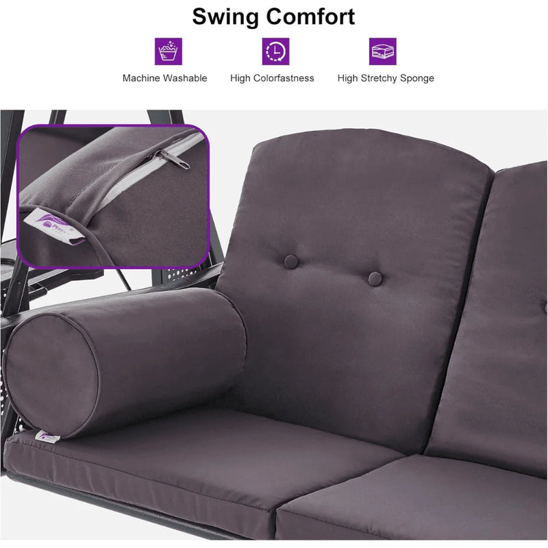 PURPLE LEAF 3-seat Outdoor Patio Porch Swing Adjustable Backrest, Cushions and Pillow Included