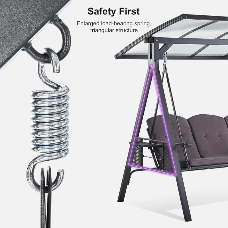 PURPLE LEAF 3-seat Outdoor Patio Porch Swing Adjustable Backrest, Cushions and Pillow Included